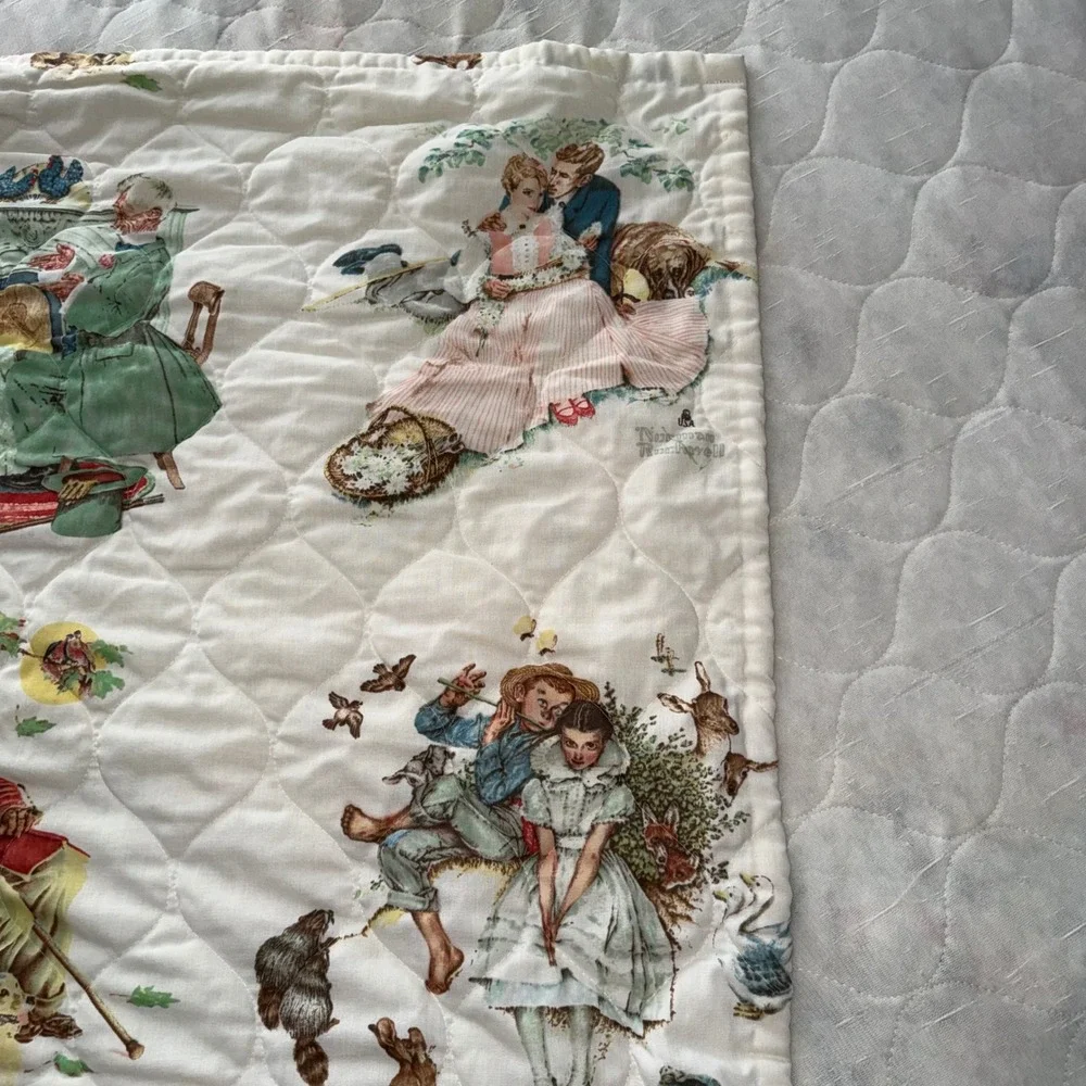 Norman Rockwell Quilt Bedspread Full Queen White Fair Vintage Americana Art